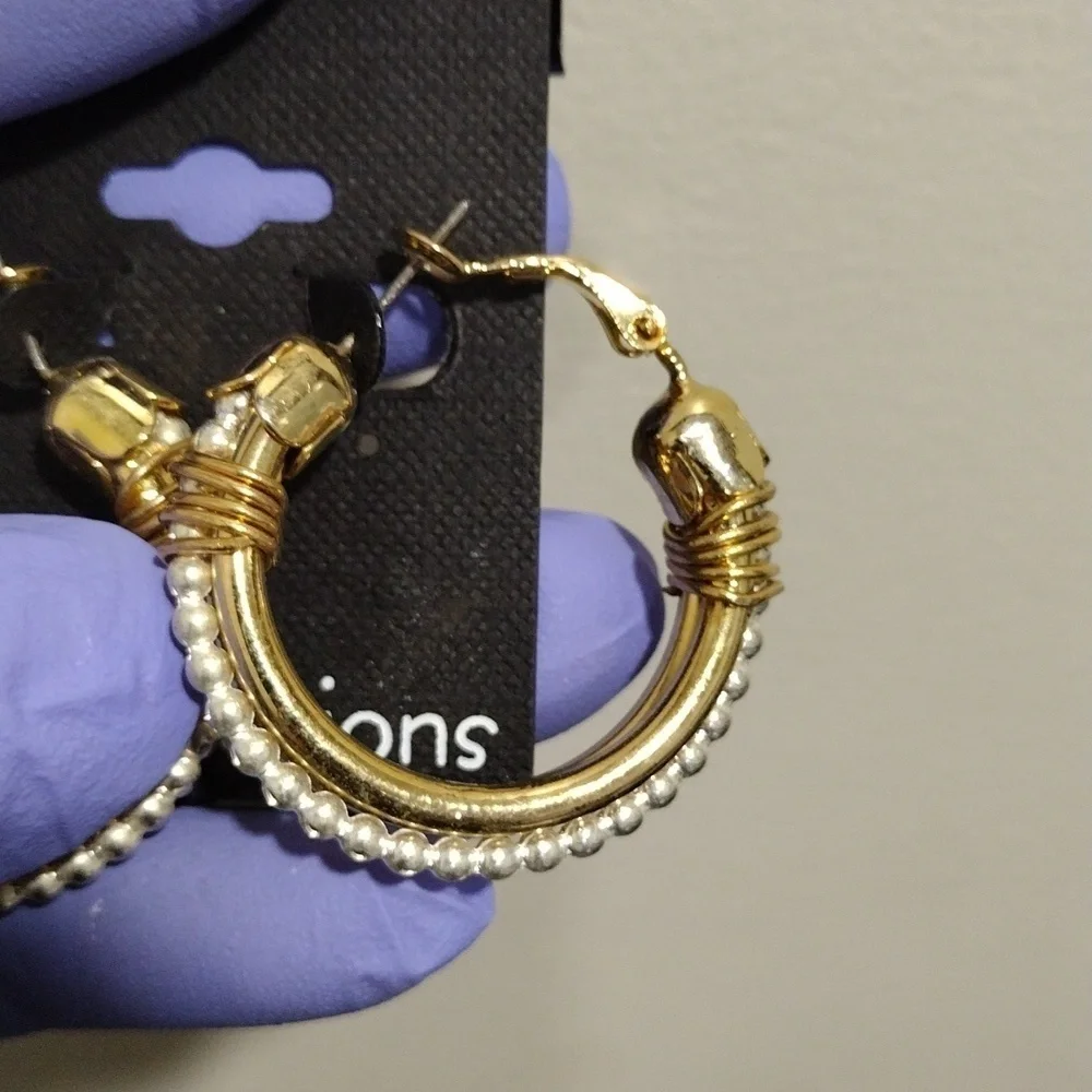 Women's Polished Two tones, Gold & Silver Interconnected Beaded Hoop Earrings